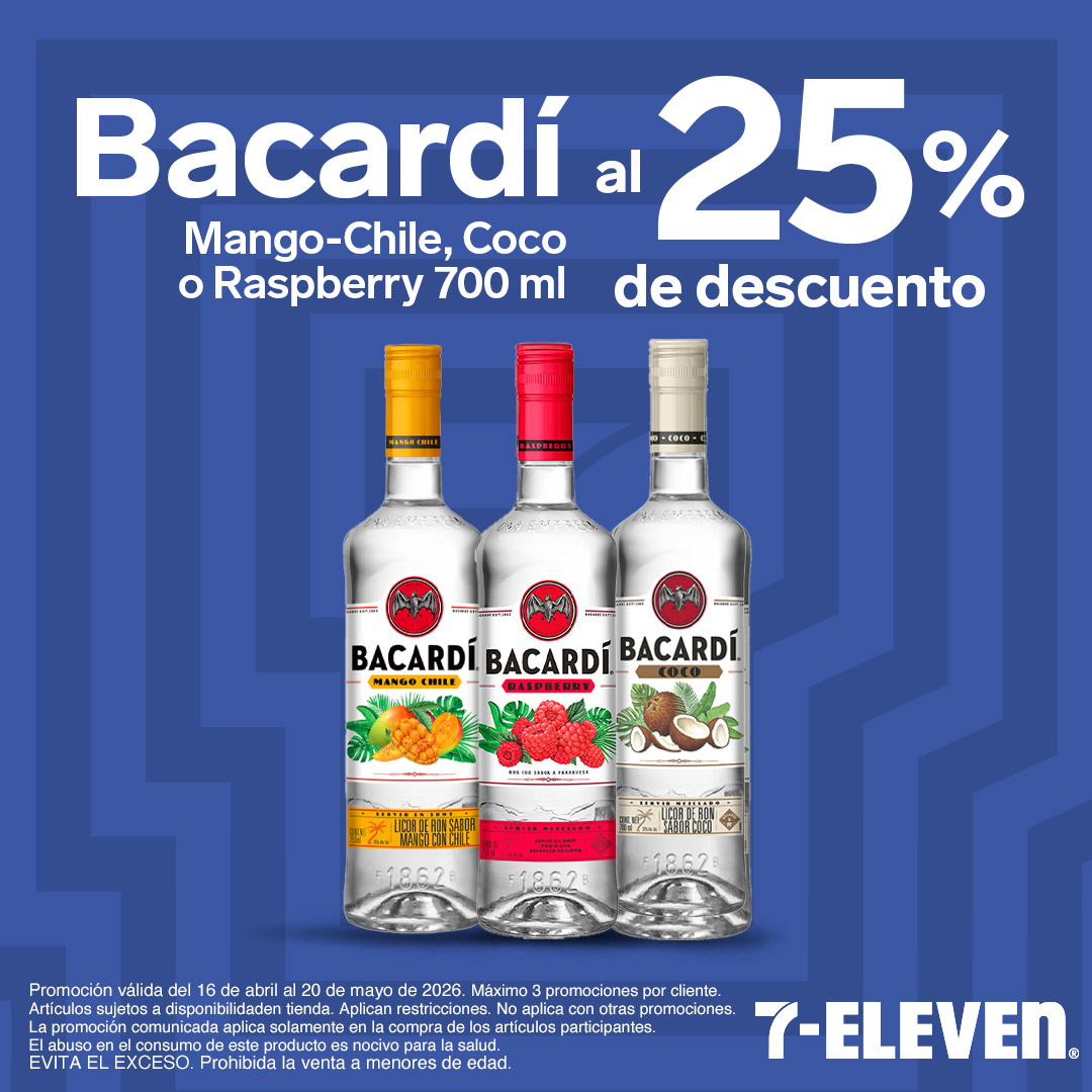 Bacardí Mango-Chile, Coco o Raspberry 700 mililitros al 25 por ciento de descuento.
