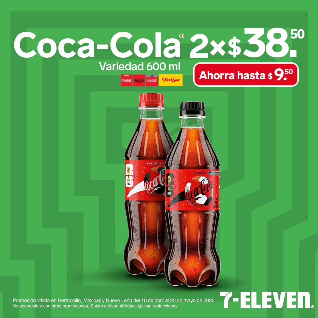 Coca-Cola 2 por 38.50 pesos.