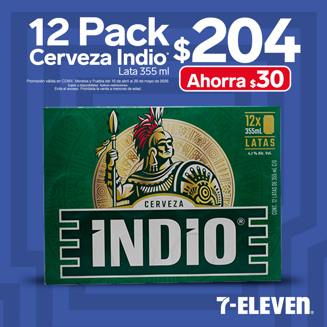 12 Pack Indio, lata 355 mililitros, a 204 pesos.