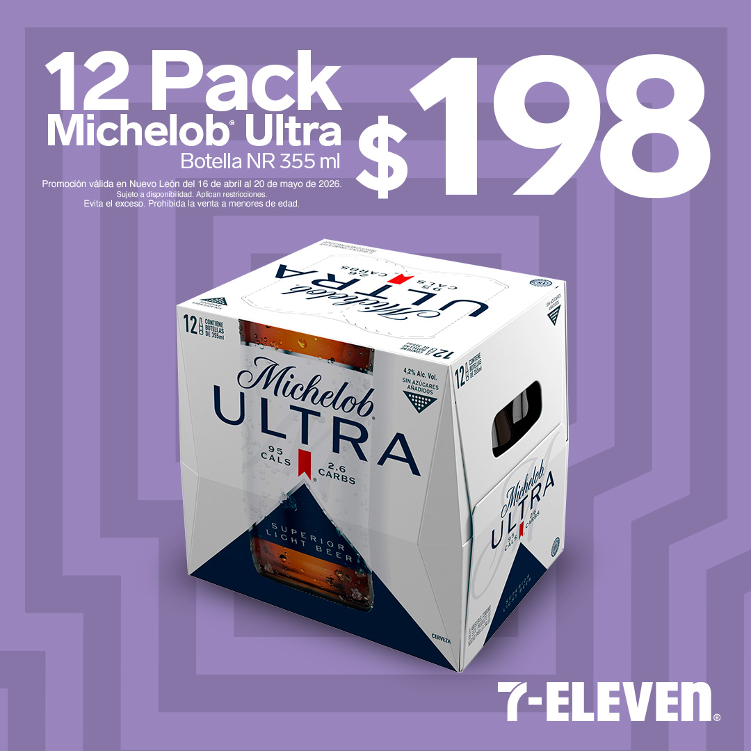 12 Pack Michelob Ultra botella 355 mililitros, a 198 pesos.