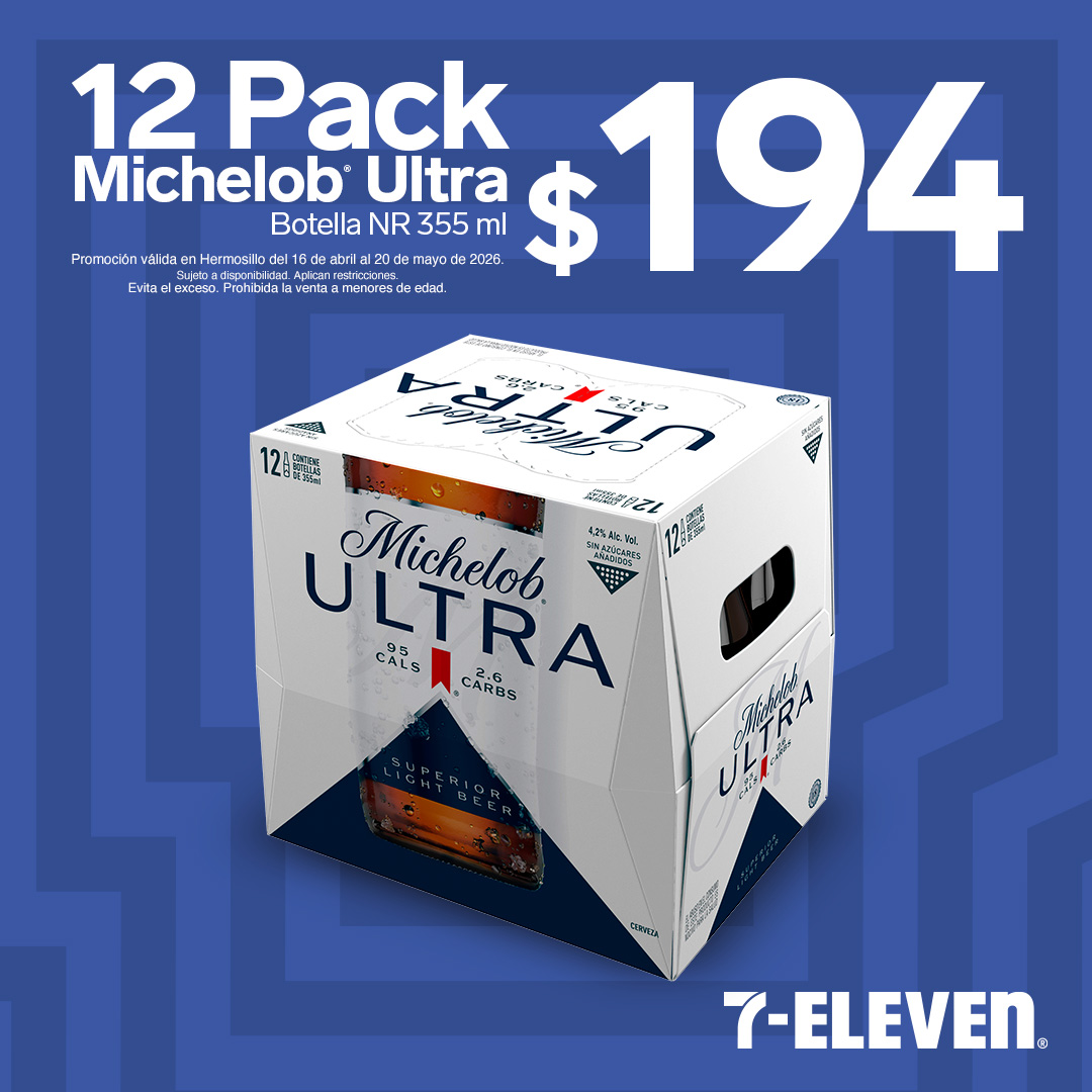 12 Pack Michelob Ultra botella 355 mililitros, a 194 pesos.