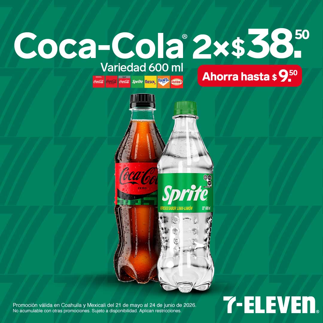 Coca-Cola, variedad 600 mililitros, lleva 2 por 38 pesos y 50 centavos.