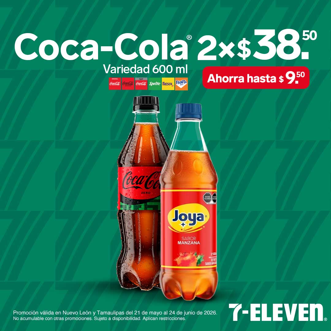 Coca-Cola, variedad 600 mililitros, lleva 2 por 38 pesos con 50 centavos.