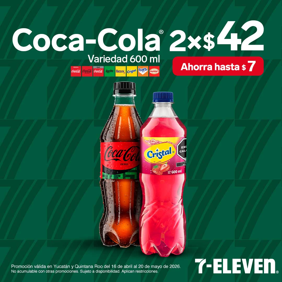 Coca-Cola, variedad 600 mililitros, lleva 2 por 42 pesos.