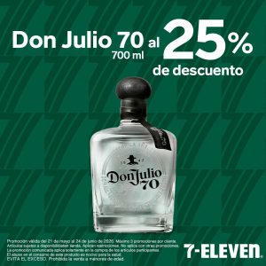 Don Julio 70, de 700 mililitros al 25 por ciento de descuento.