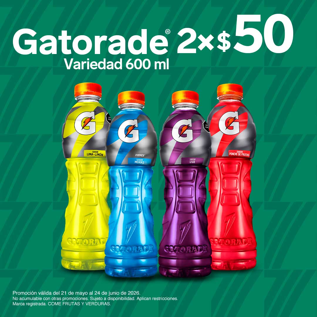 Gatorade, variedad 600 mililitros, lleva 2 por 50 pesos.