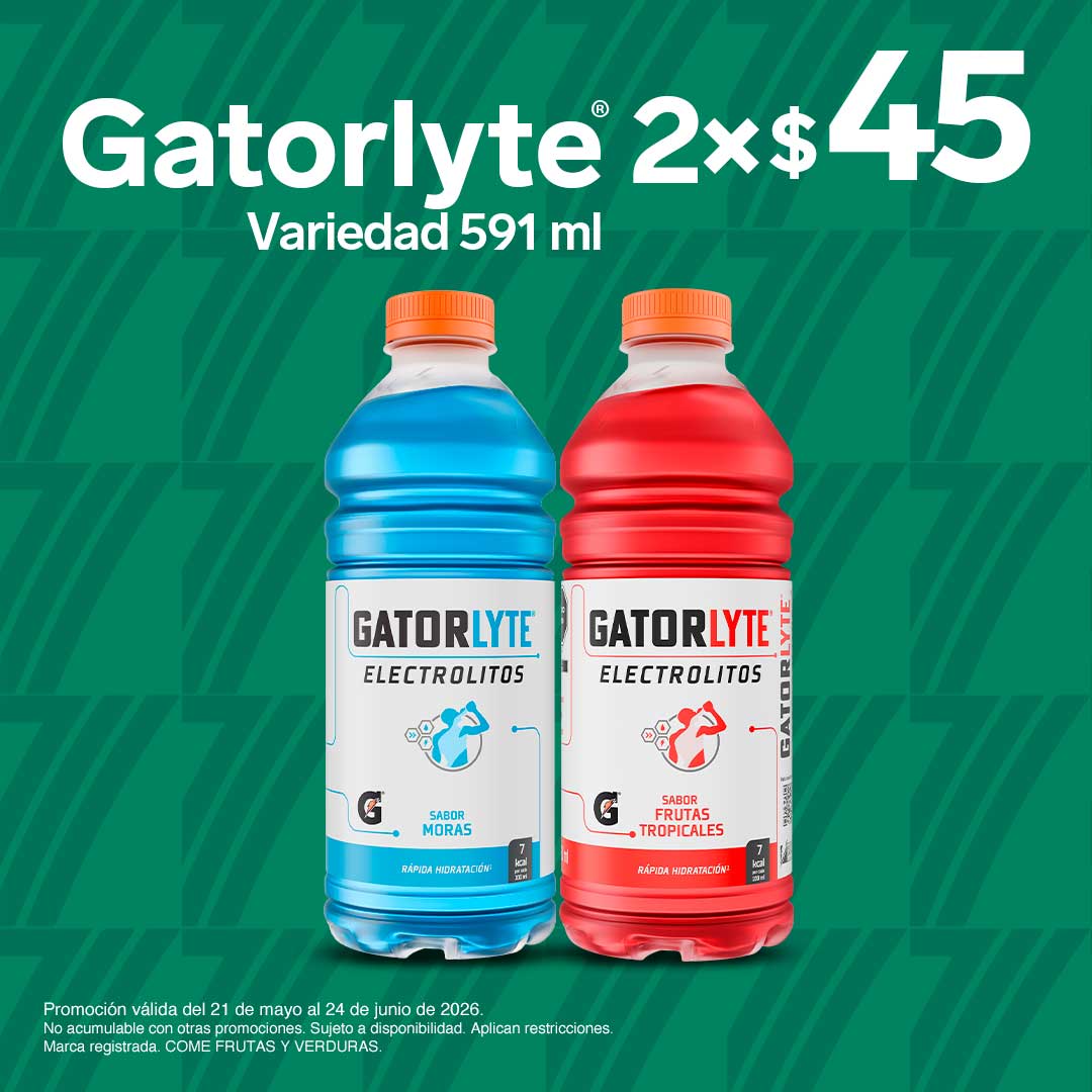 Gatorlyte, variedad 591 mililitros, lleva 2 por 45 pesos.