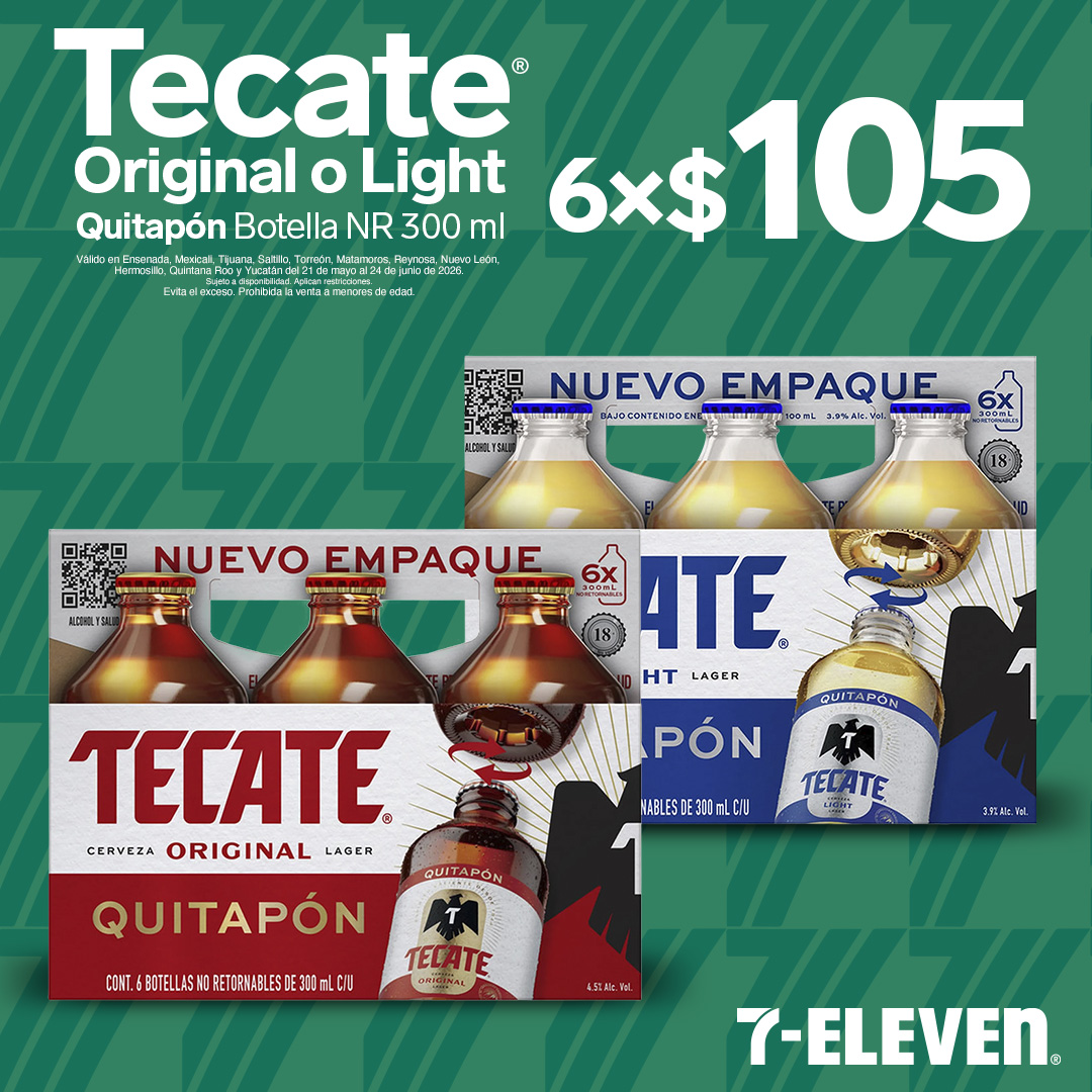 Tecate Original o Light, Quitapón Botella 300 mililitros, lleva 6 por 105 pesos.