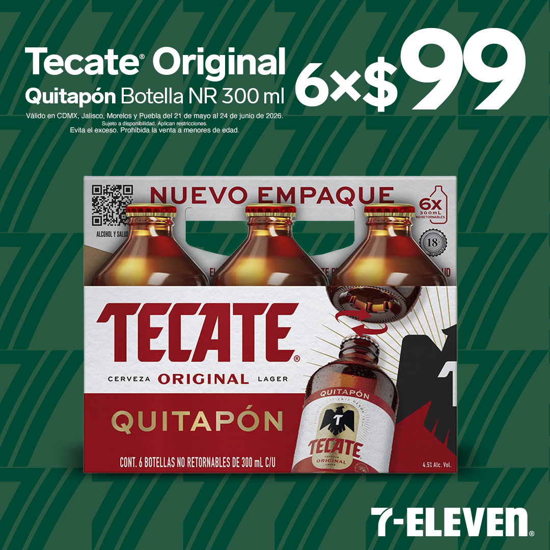 Tecate Original Quitapón Botella 300 mililitros, lleva 6 por 99 pesos.