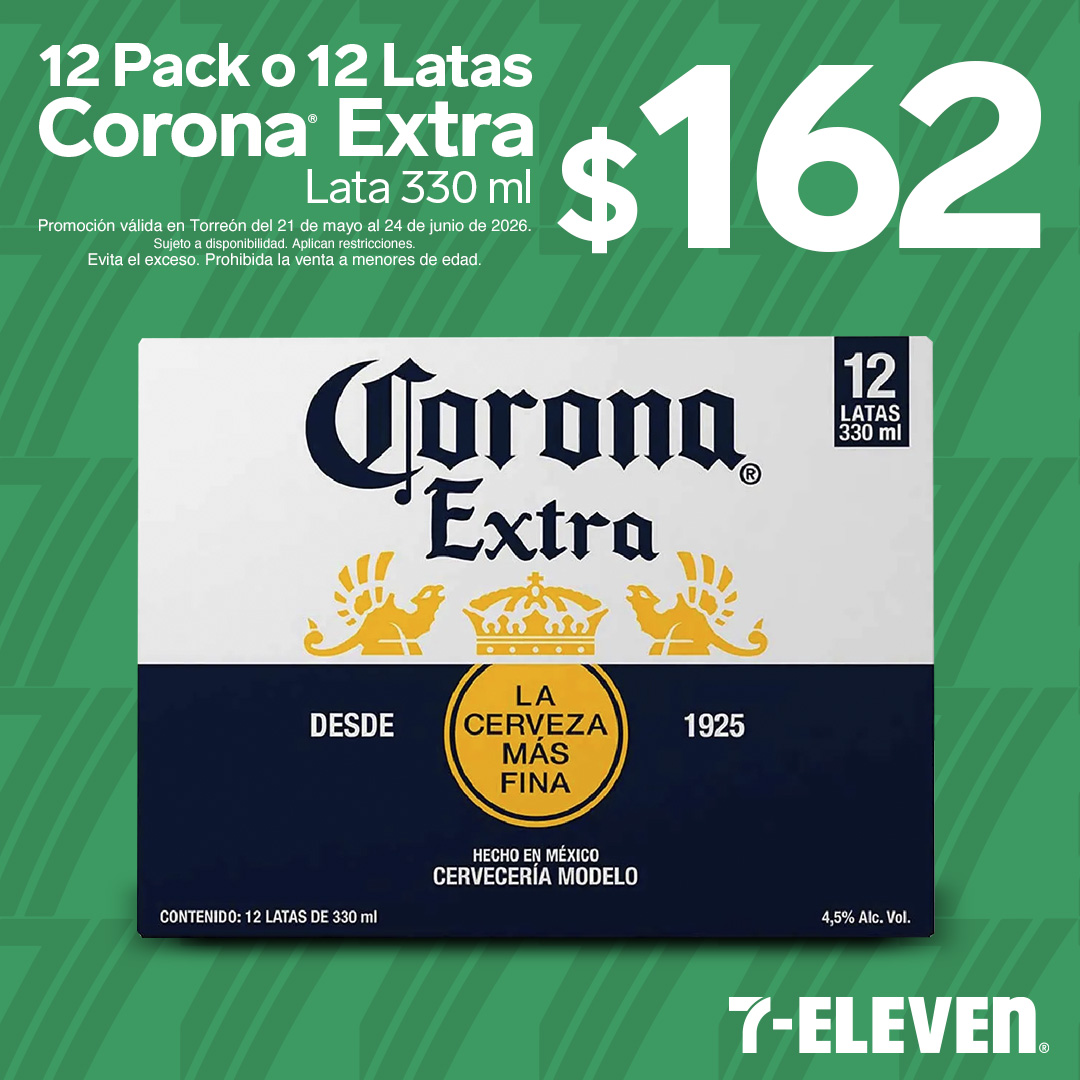 Corona Extra, lleva 12 Pack o 12 Latas de 330 mililitros por 162 pesos.