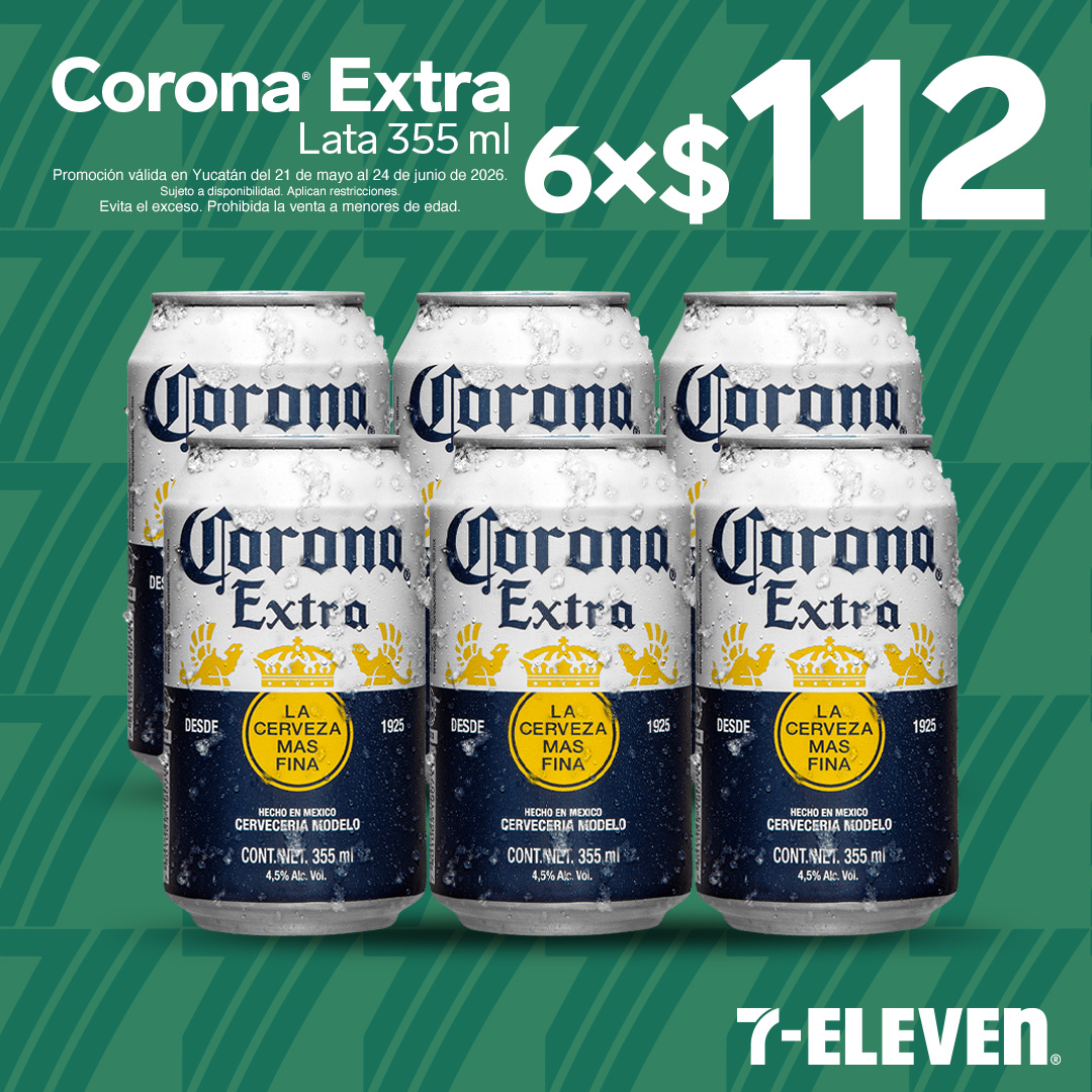 Corona Extra, lata 355 mililitros, lleva 6 por 112 pesos.