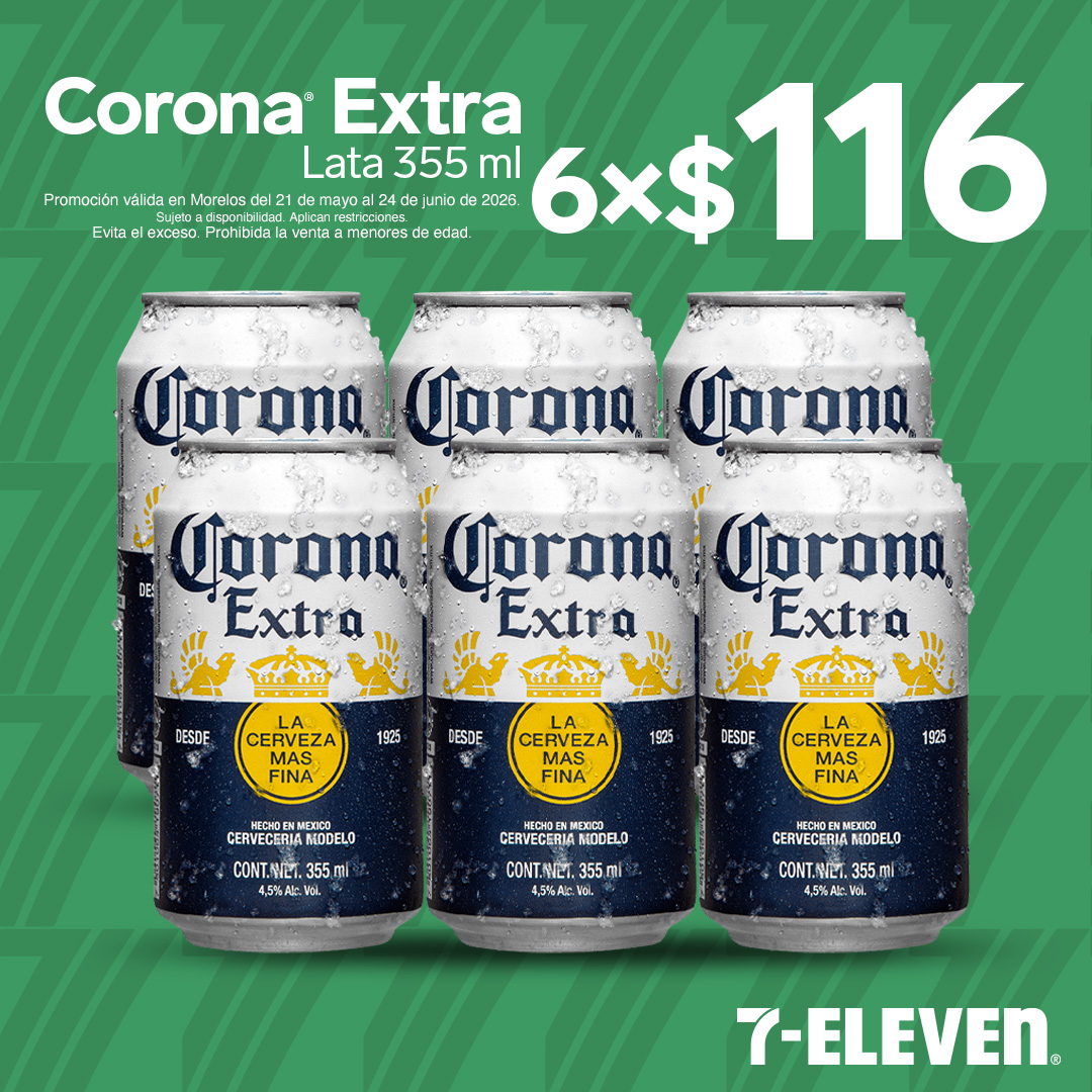 Corona Extra, lata 355 mililitros, lleva 6 por 116 pesos.