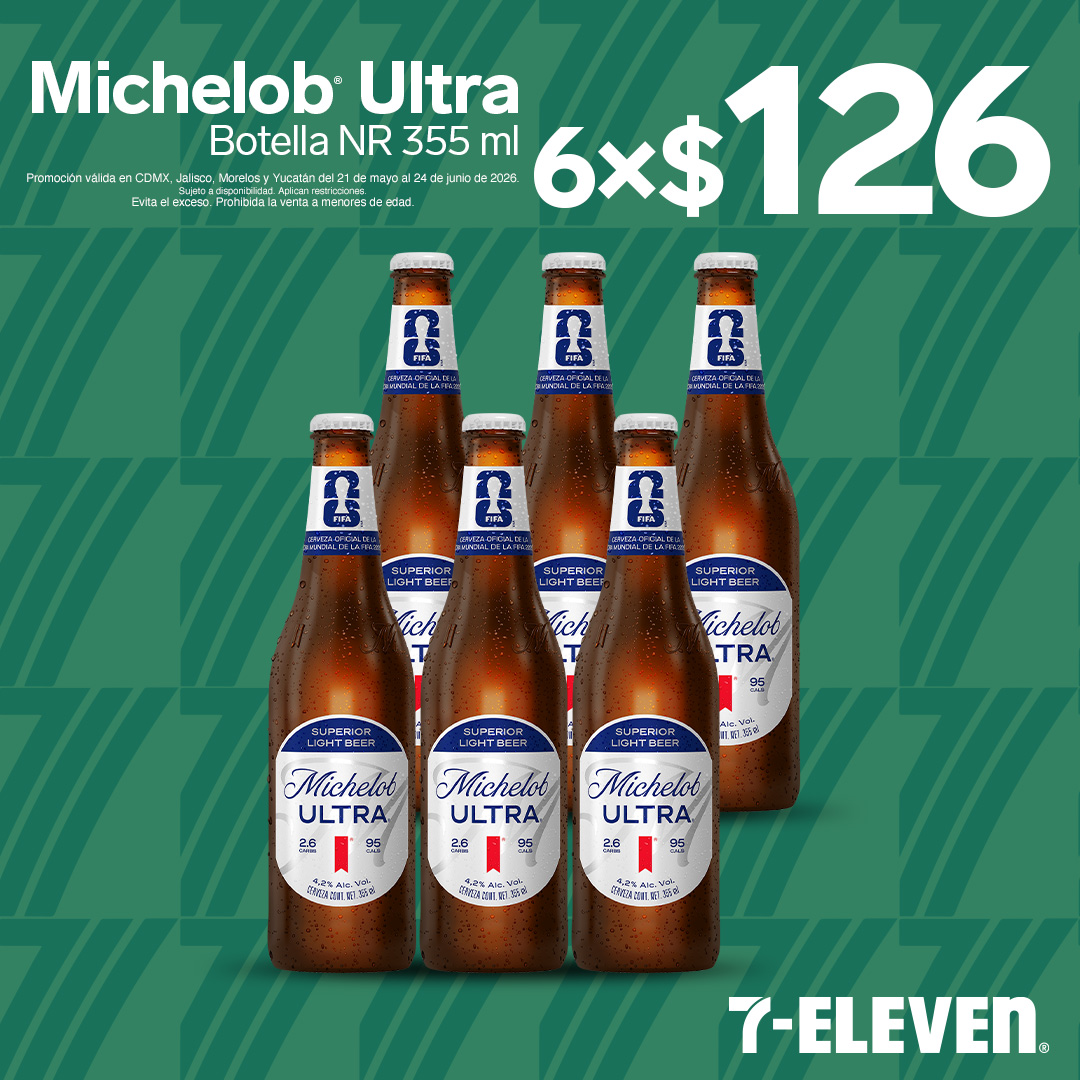 Michelob Ultra Botella 355 mililitros, lleva 6 por 126 pesos.