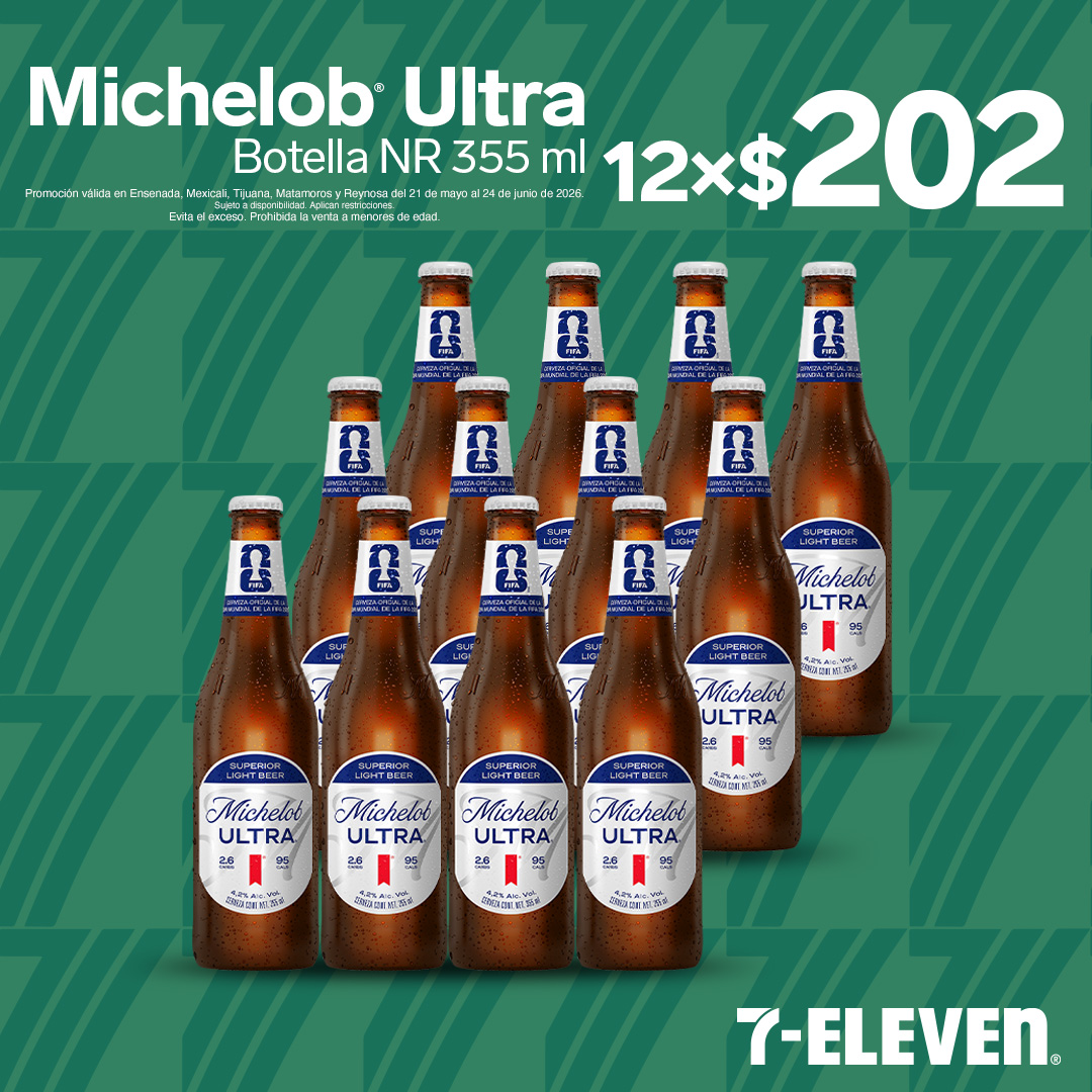 Michelob Ultra Botella 355 mililitros, lleva 12 por 202 pesos.