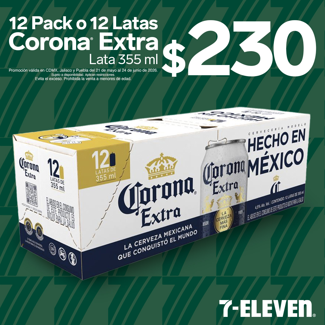 Corona Extra 12 Pack o 12 Latas de 355 mililitros por 230 pesos.