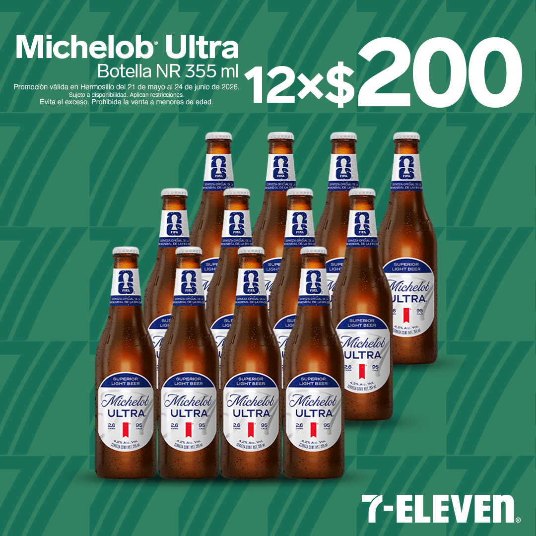 Michelob Ultra Botella 355 mililitros, lleva 12 por 200 pesos.