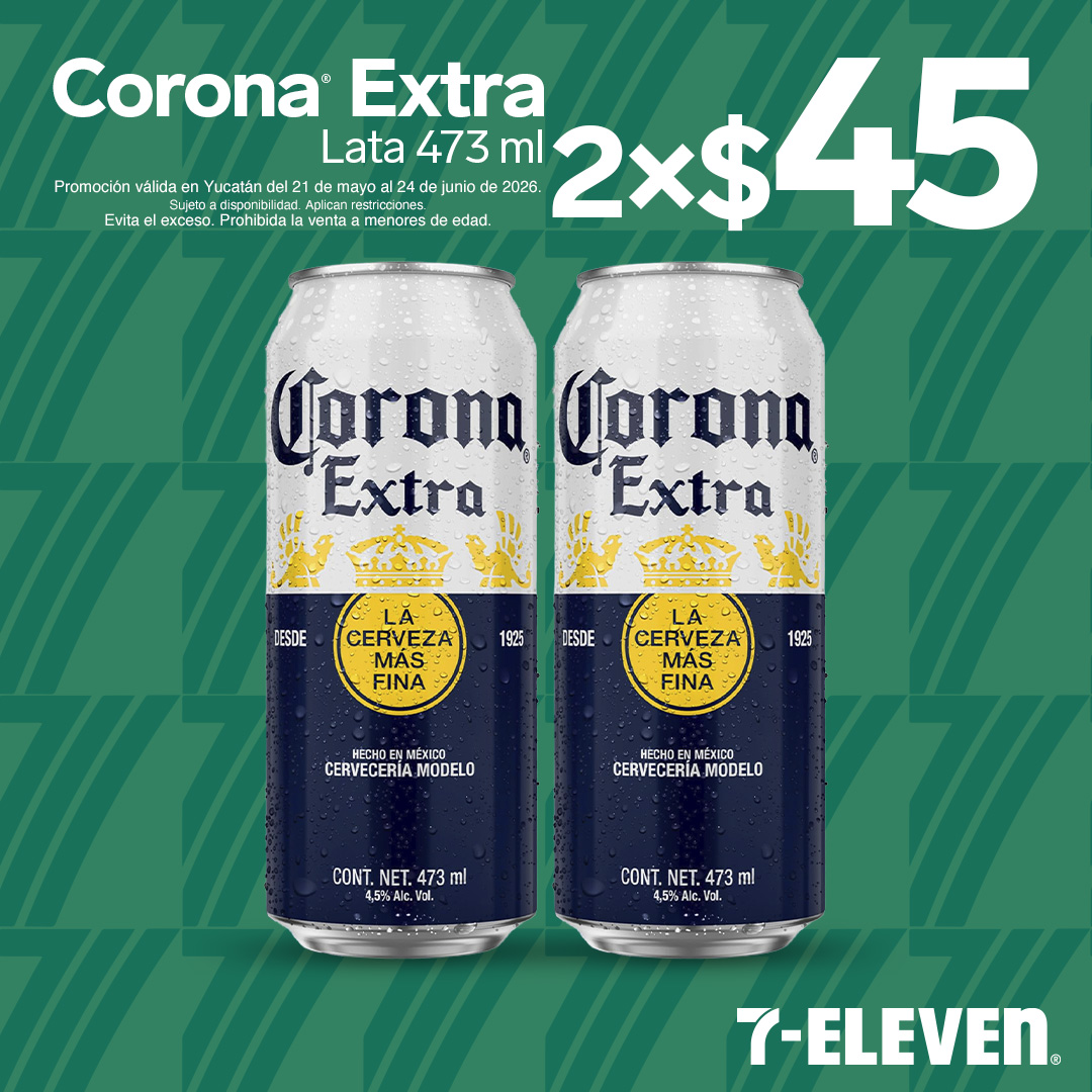 Corona Extra Lata 473 mililitros, lleva 2 por 45 pesos.