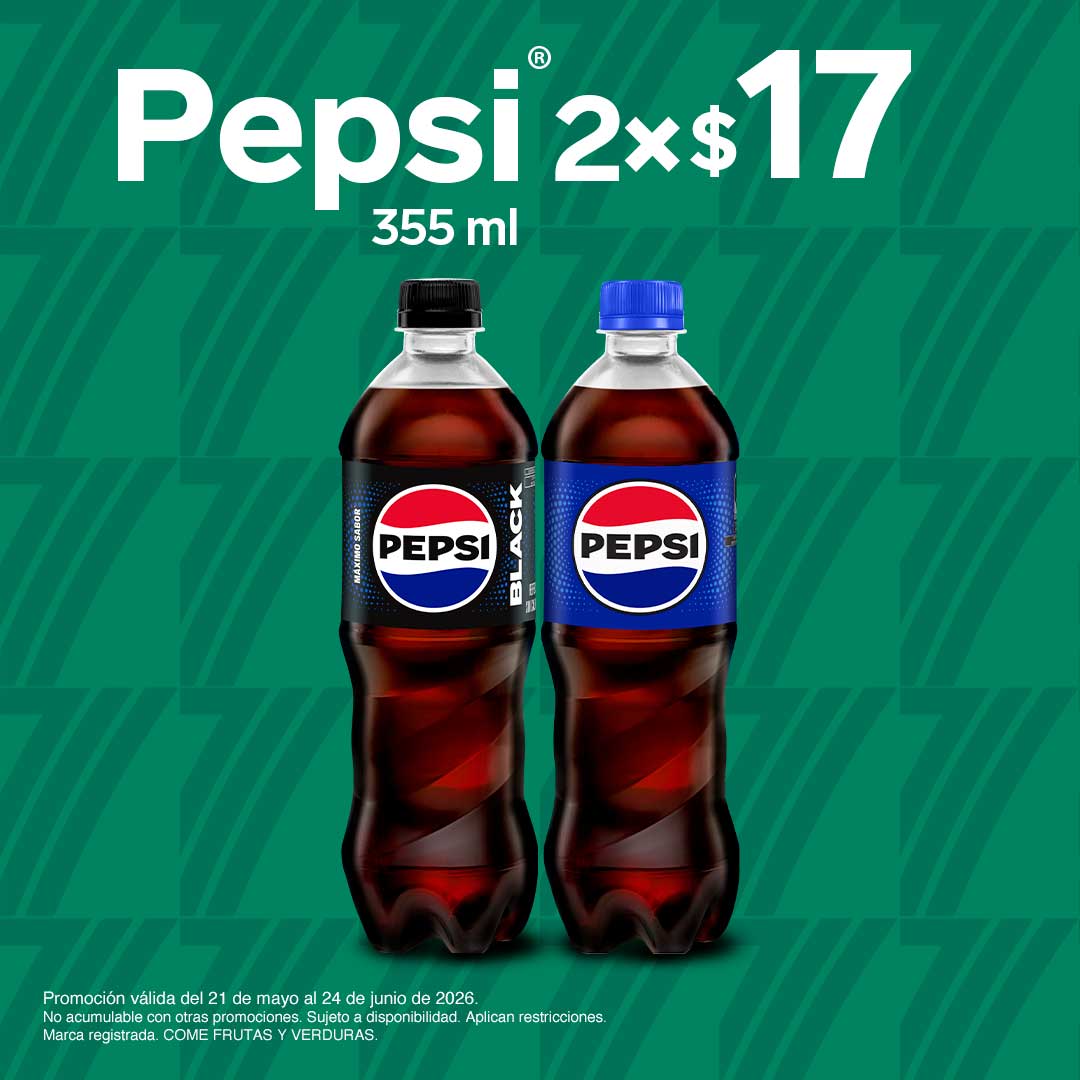 Pepsi 355 mililitros, lleva 2 por 17 pesos.