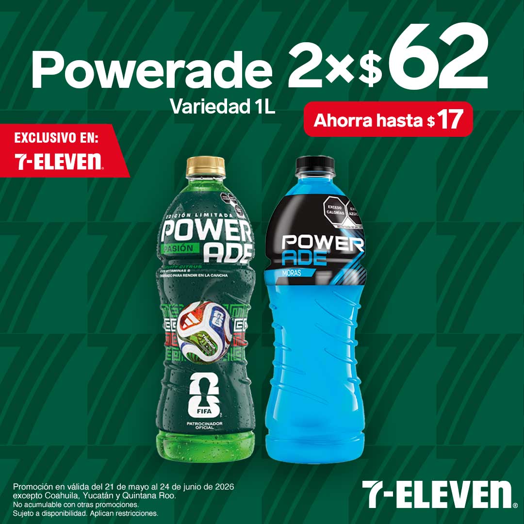 Powerade, variedad de 1 litro, lleva 2 por 62 pesos.