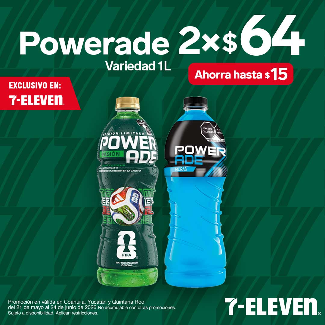 Powerade, variedad de 1 litro, lleva 2 por 64 pesos.
