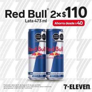 Red Bull lata 473 mililitros, 2 por 110 pesos.