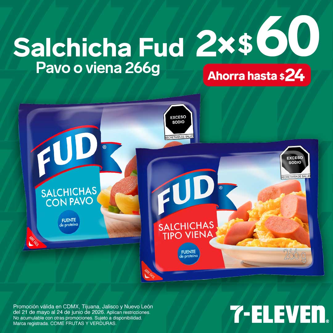 Salchicha Fud Pavo o Viena de 266 gramos, lleva 2 por 60 pesos.
