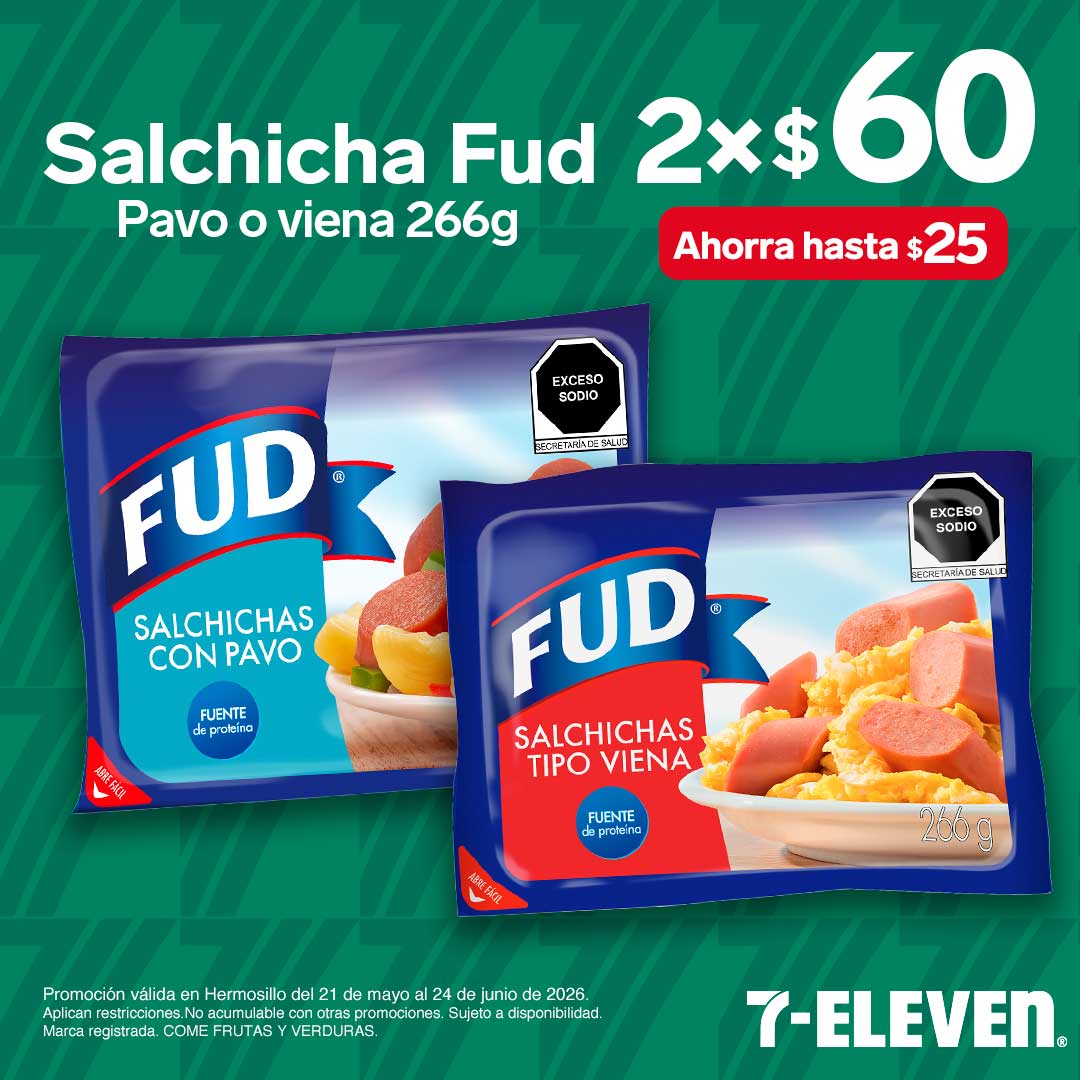 Salchicha Fud Pavo o Viena de 266 gramos, lleva 2 por 60 pesos.