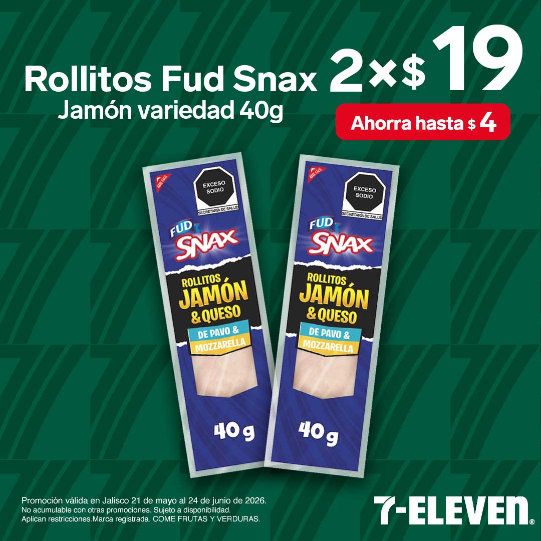 Rollitos Fud Snax, jamón variedad 40 gramos, lleva 2 por 19 pesos.