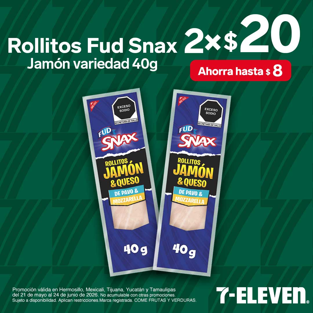 Rollitos Fud Snax, jamón variedad 40 gramos, lleva 2 por 20 pesos.