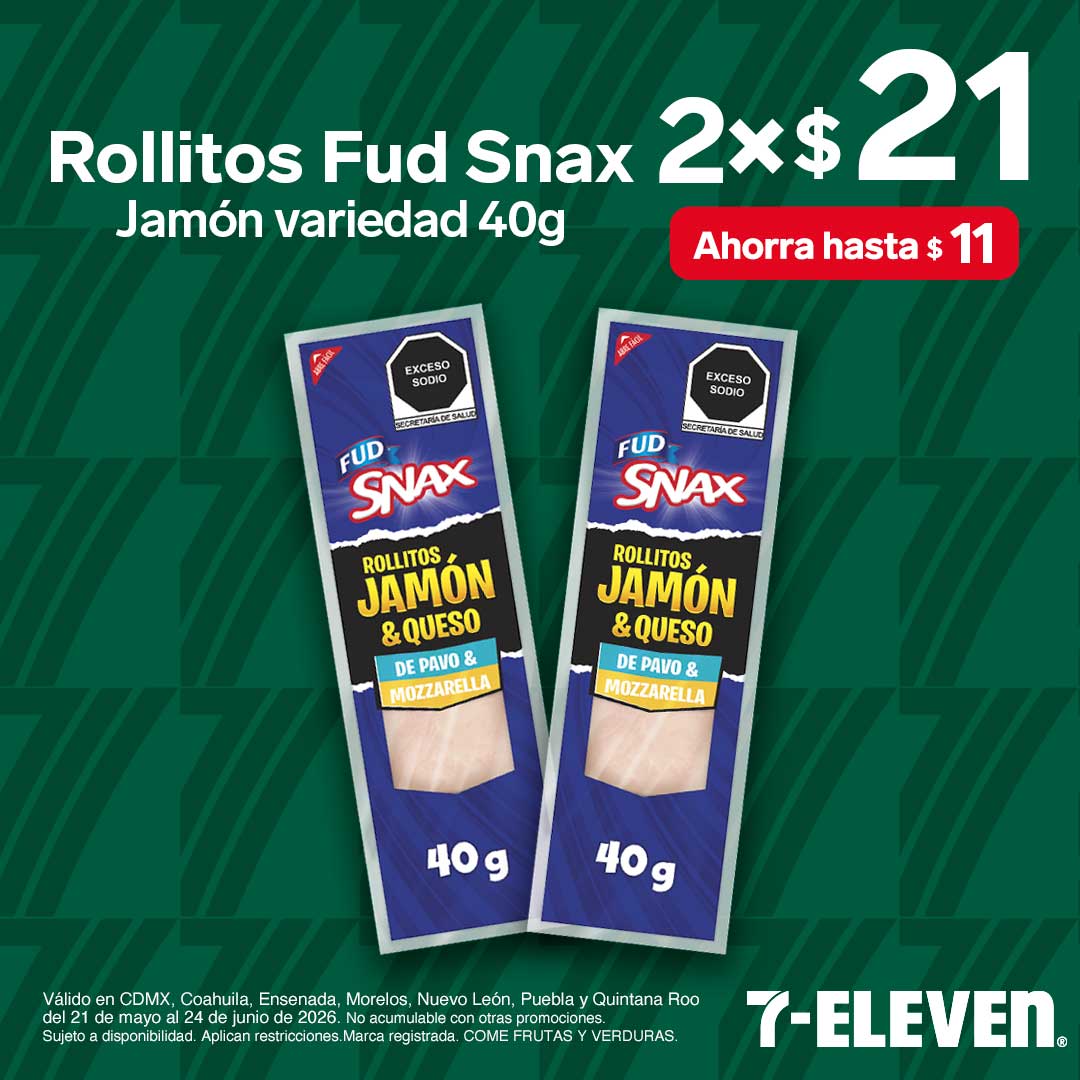 Rollitos Fud Snax, jamón variedad 40 gramos, lleva 2 por 21 pesos.