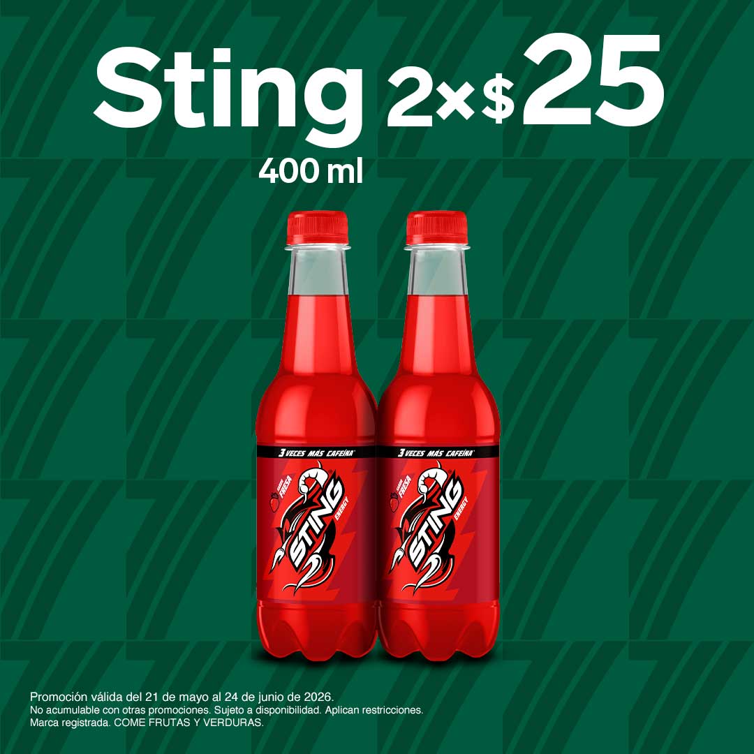 Sting Energy, 400 mililitros, lleva 2 por 25 pesos.