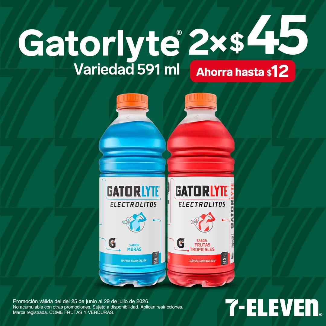 Gatorlyte, variedad 591 mililitros, lleva 2 por 45 pesos.
