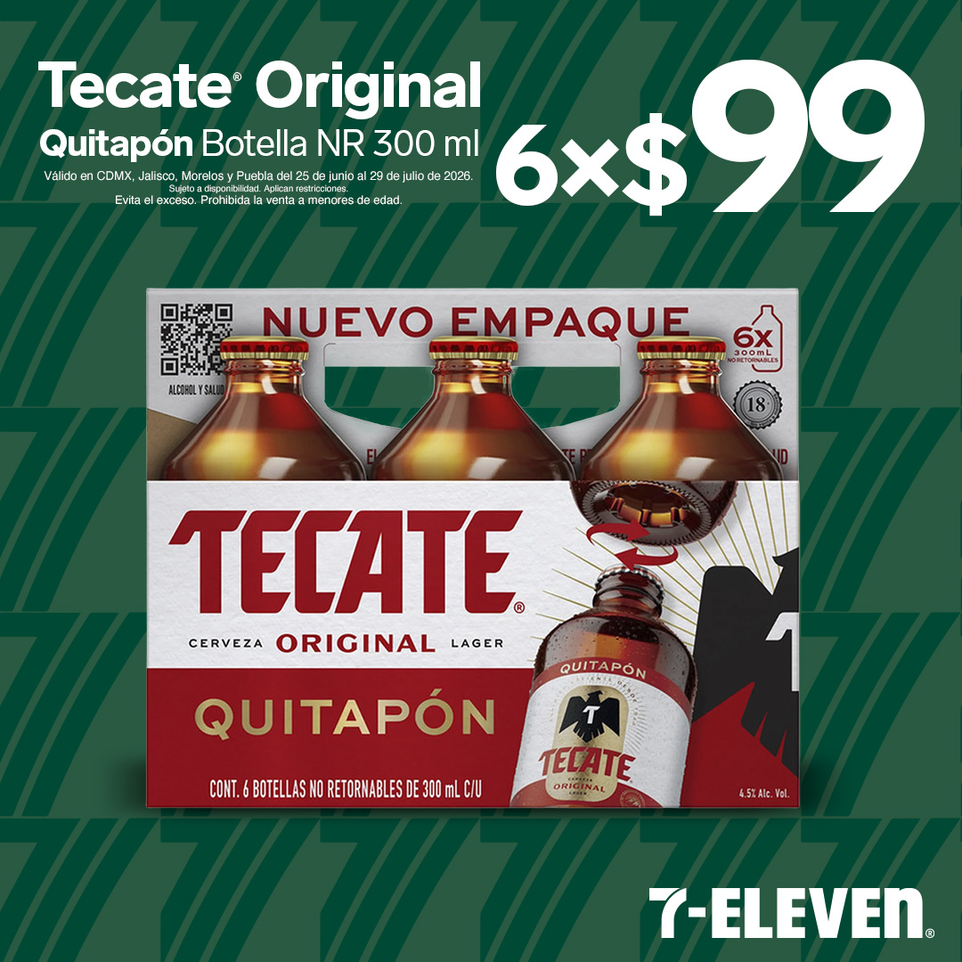 MEX JAL MOR PUE - TECATE QUITAPÓN P7 Tecate original Quitapón Botella 300 mililitros, lleva 6 por 99 pesos.
