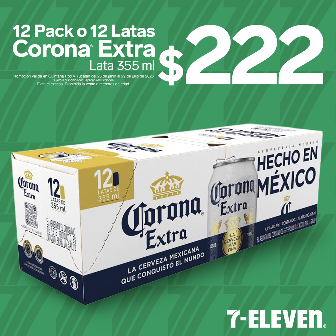 QROO YUC - CORONA EXTRA P7 Corona Extra, 12 Pack o 12 latas de 355 mililitros, llévalas por 222 pesos.