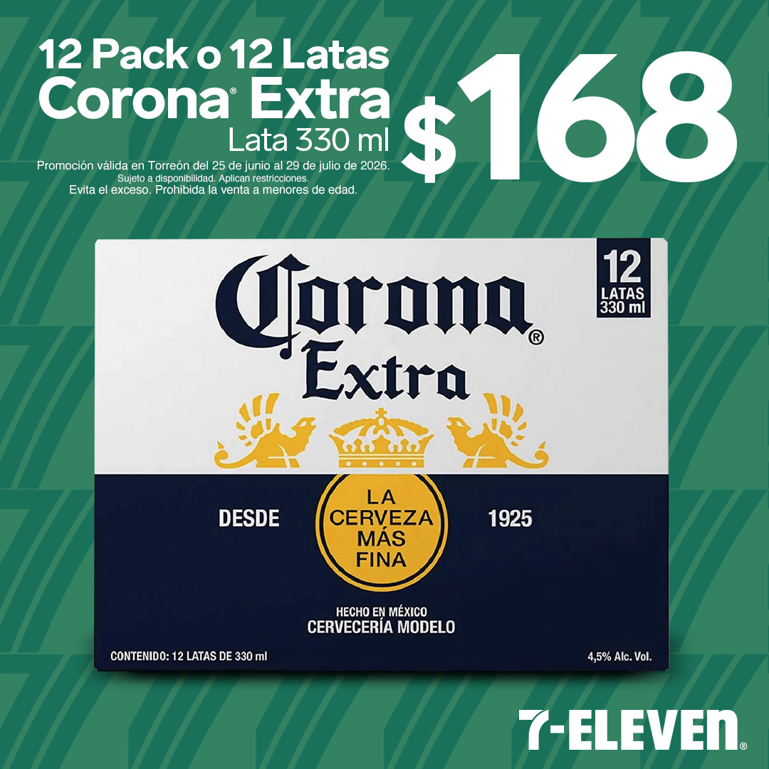 TORR - CORONA EXTRA P7 Lleva 12 Pack o 12 latas Corona Extra de 330 mililitros por 168 pesos.