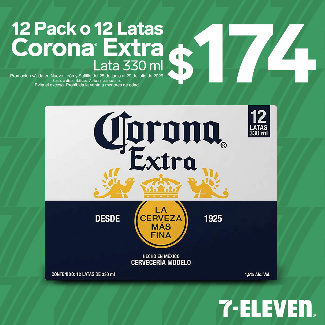 NL SALT 12 PACK CORONA EXTRA P7 Lleva 12 Pack o 12 latas Corona Extra de 330 mililitros por 174 pesos.