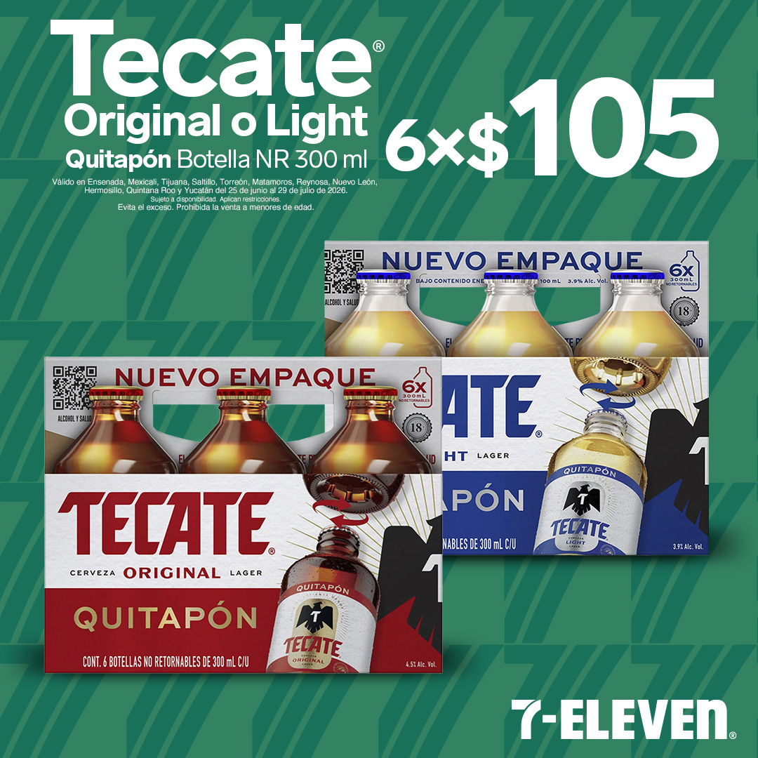 ENS MXL TIJ SAL TORR MAT REY NL HER QROO YUC - TECATE QUITAPON P7 Tecate original o light Quitapón Botella 300 mililitros, lleva 6 por 105 pesos.