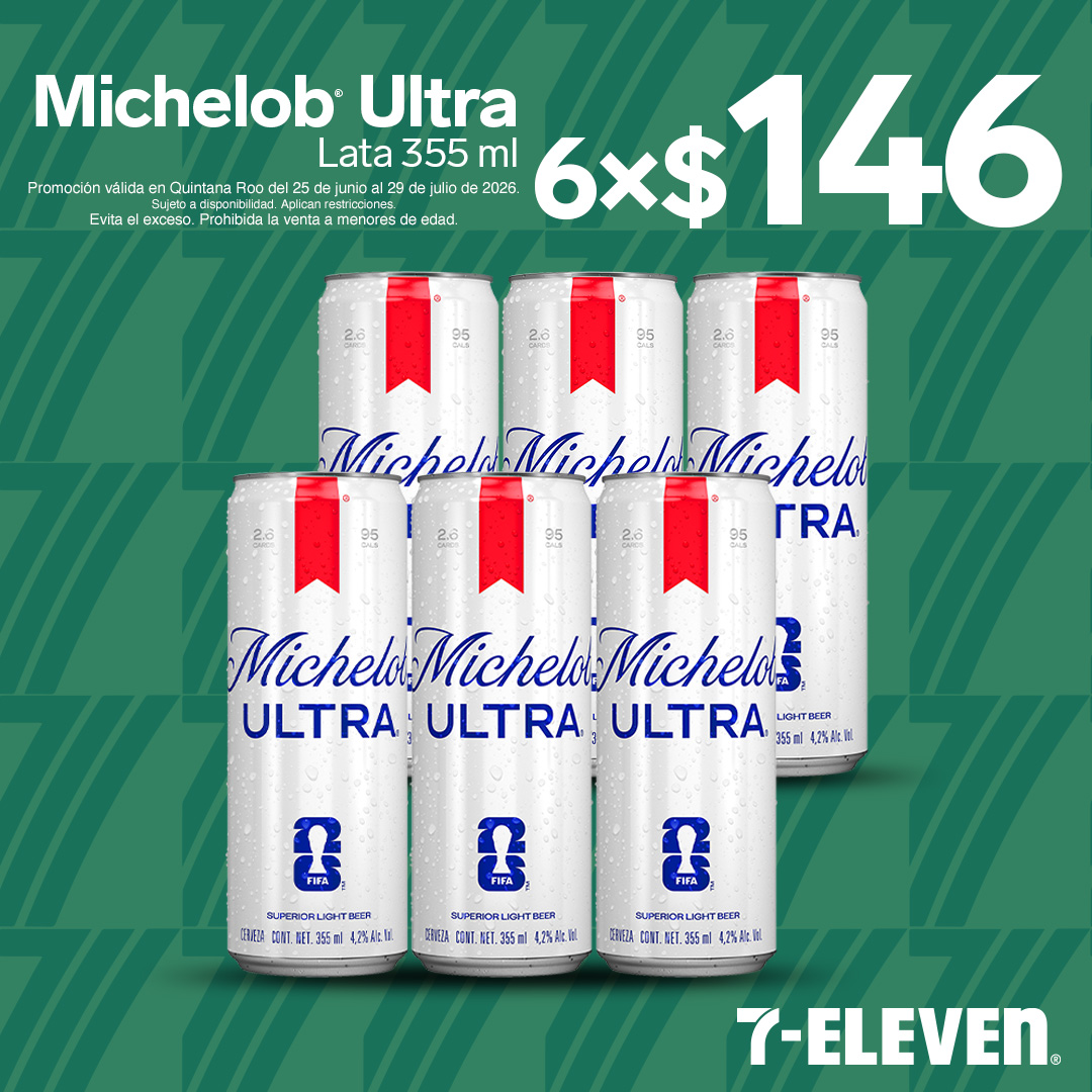 QROO - MICHELOB ULTRA LATA P7 Michelob Ultra lata 355 mililitros, lleva 6 por 146 pesos.