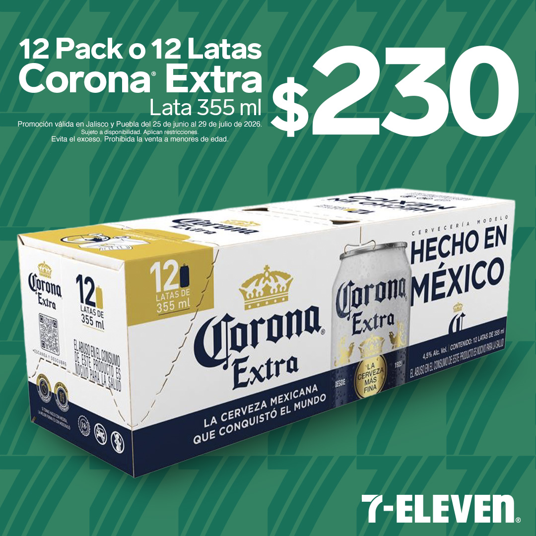 JAL PUE - CORONA EXTRA P7 Corona Extra, 12 Pack o 12 latas de 355 mililitros, llévalas por 230 pesos.