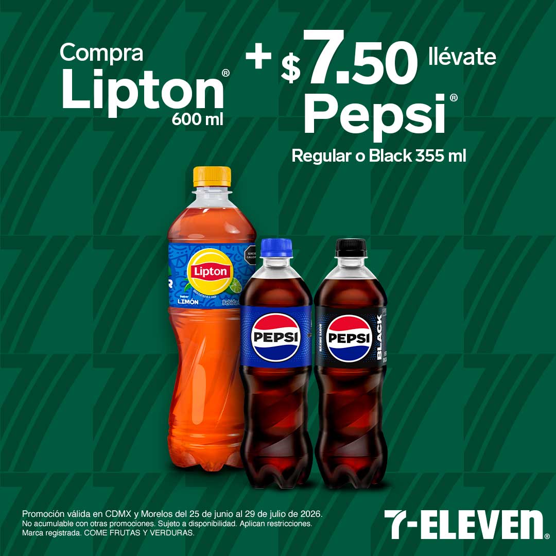 Compra Lipton 600 mililitros, más $7.50 lleva Pepsi 355 mililitros. Válido en CDMX y Morelos.