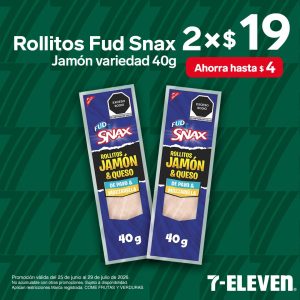 Rollitos Fud Snax, jamón variedad 40 gramos, lleva 2 por 19 pesos.