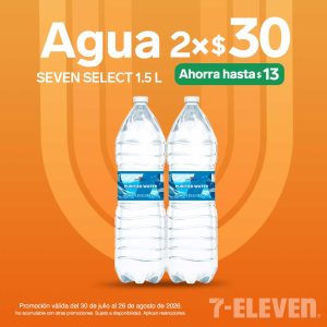 Agua Purificada Seven Select de 1.5 litros, lleva dos por 30 pesos.