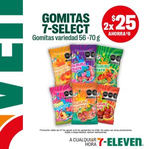 Gomitas 7-Select, 56 a 70 gramos, lleva dos por 25 pesos.