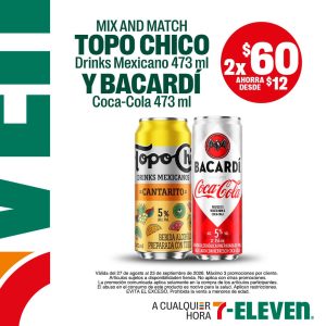 Topo Chico Drinks Mexicanos y Bacardí Coca-Cola, 473 mililitros, lleva dos por 60 pesos.