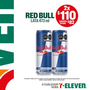 Red Bull lata 473 mililitros, lleva dos por 110 pesos.