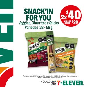 Snack'in for you, variedad 28 a 58 gramos, lleva dos por 40 pesos.