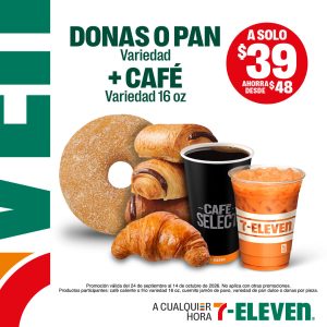 Lleva una pieza de pan dulce más un café de 16 onzas por 39 pesos.