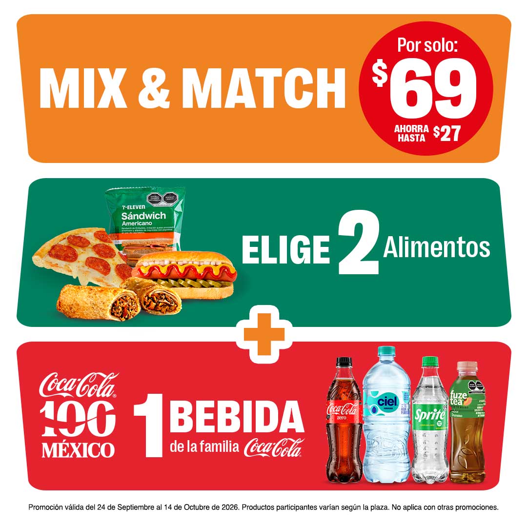 Elige 2 alimentos y 1 bebida de la familia Coca-Cola por 69 pesos.