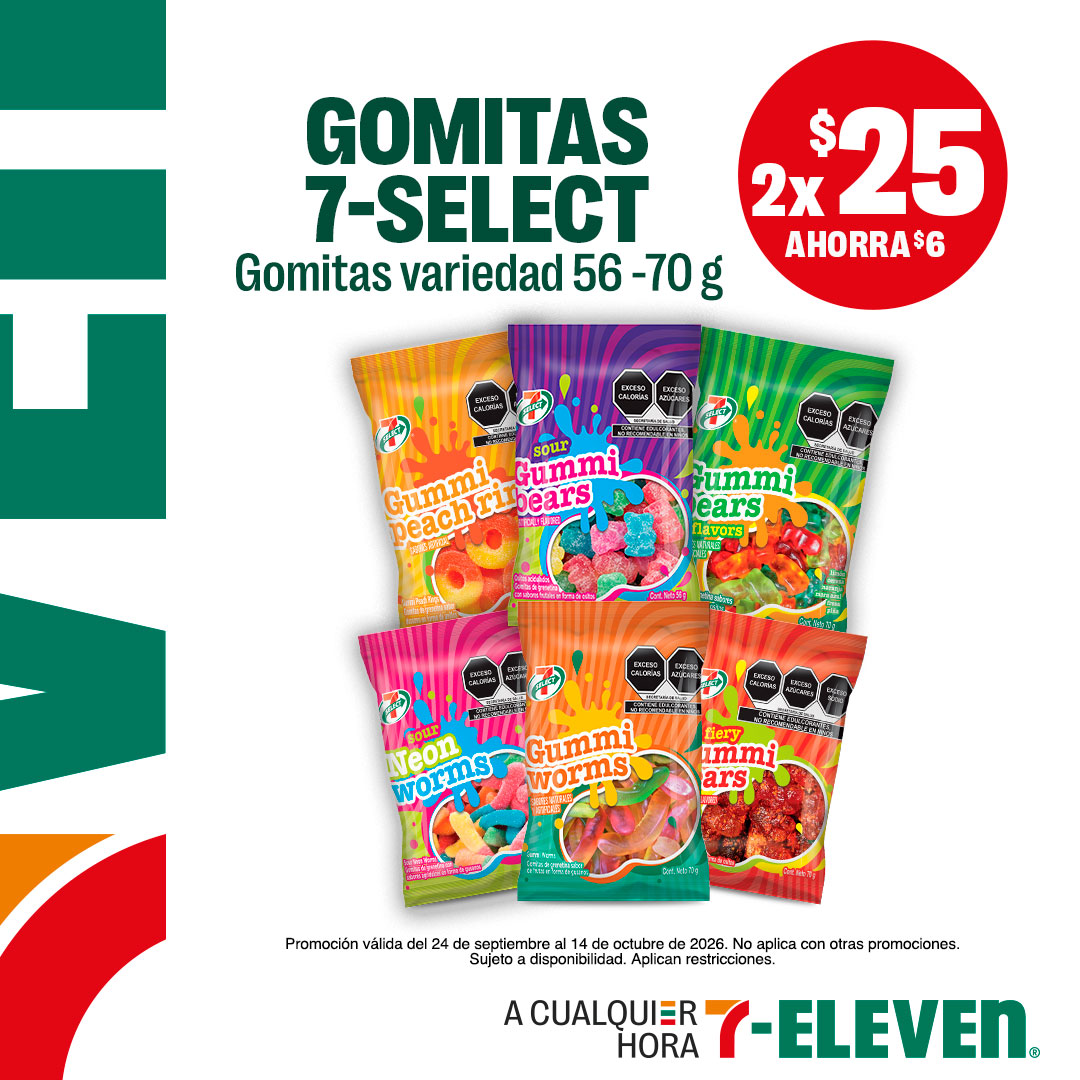 Gomitas 7-Select, variedad 56 a 70 gramos, lleva 2 por 25 pesos.