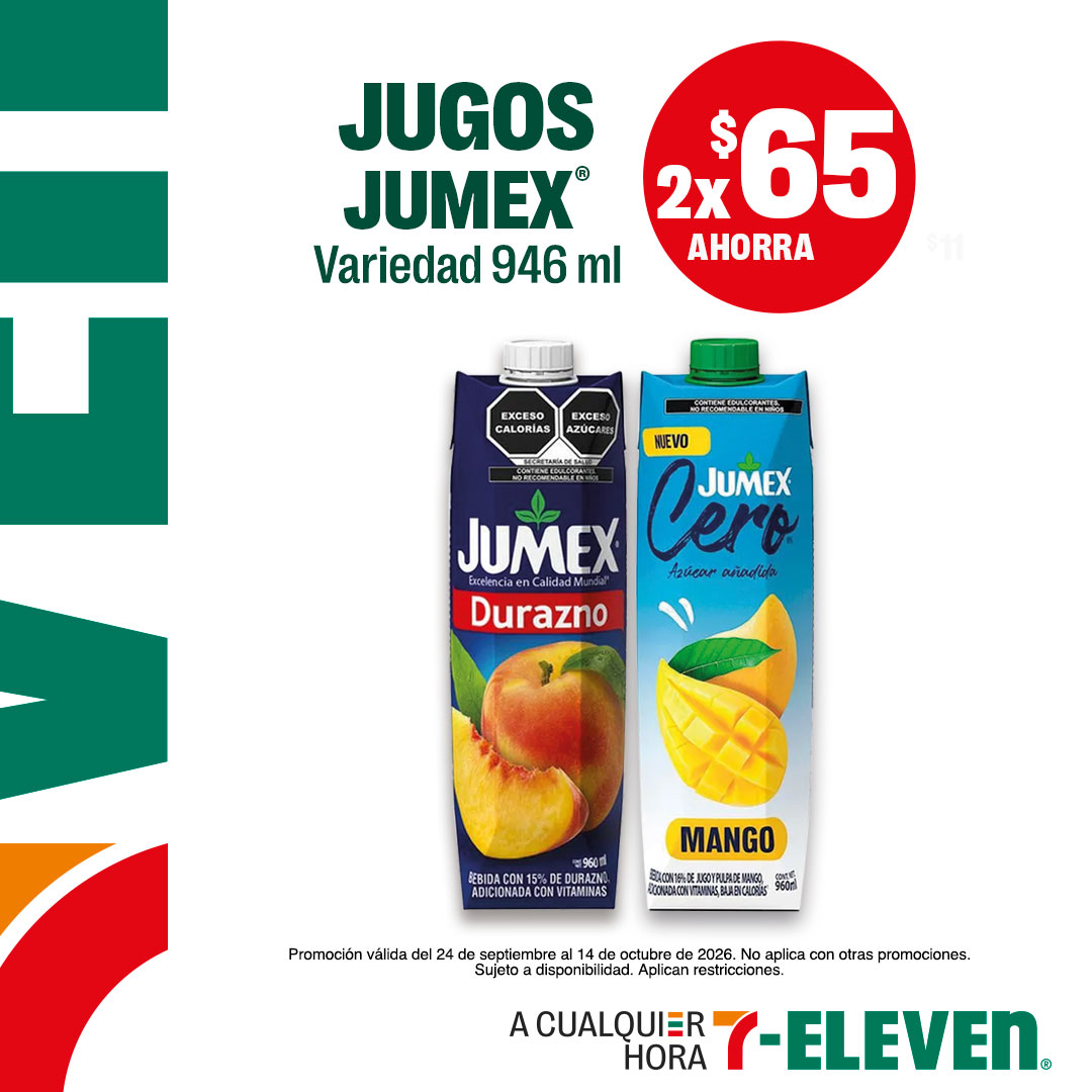 Jugos Jumex, variedad 946 mililitros, lleva 2 por 65 pesos.